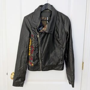 DESIGUAL Embroidered Faux Leather Moto Jacket - Boho Ethnic - Size 36 (US 4/6)